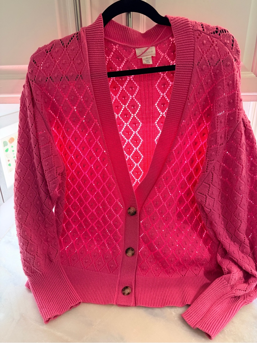 Carlson Diamond-Pattern Open-Knit Pink Button Cardigan plus